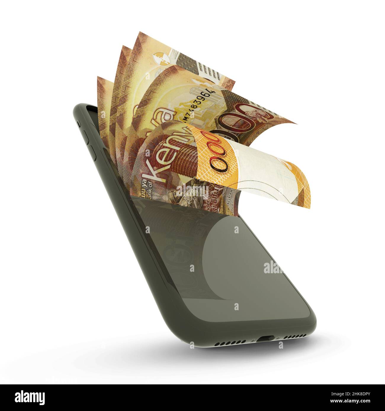 3D rending of Kenyan shilling notes inside a mobile phone Stock Photo