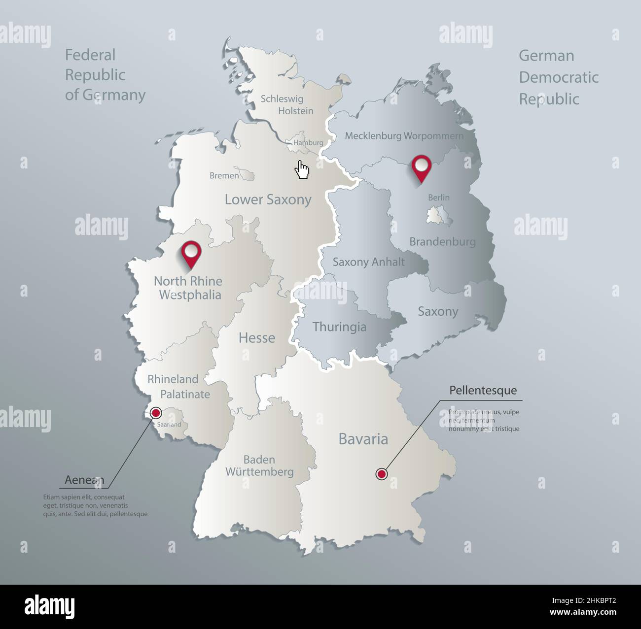 Germany map divided on West and East  map, administrative division with names, blue white card paper 3D vector Stock Vector