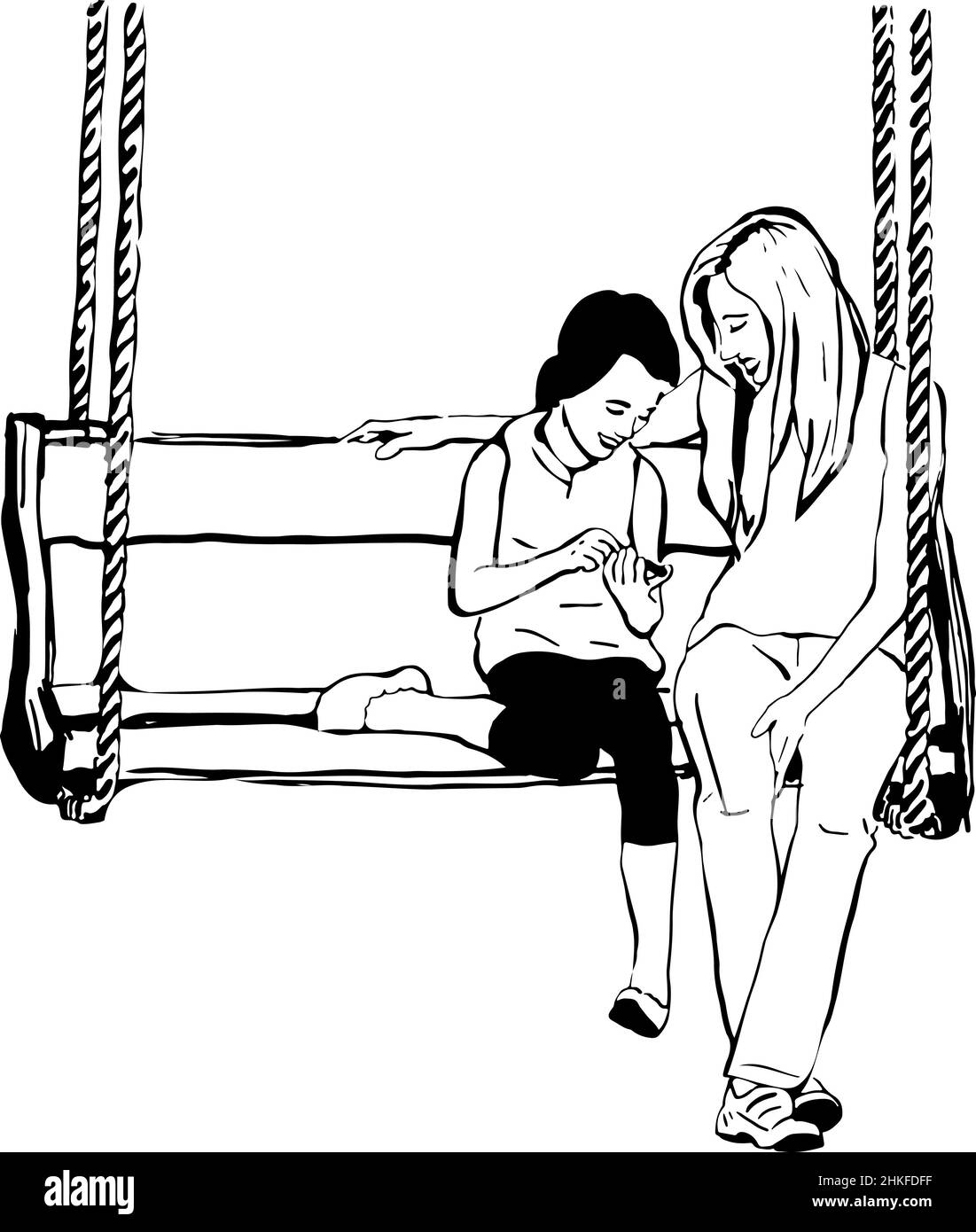 sketch of an older sister to her younger sister on a wooden swing Stock Photo