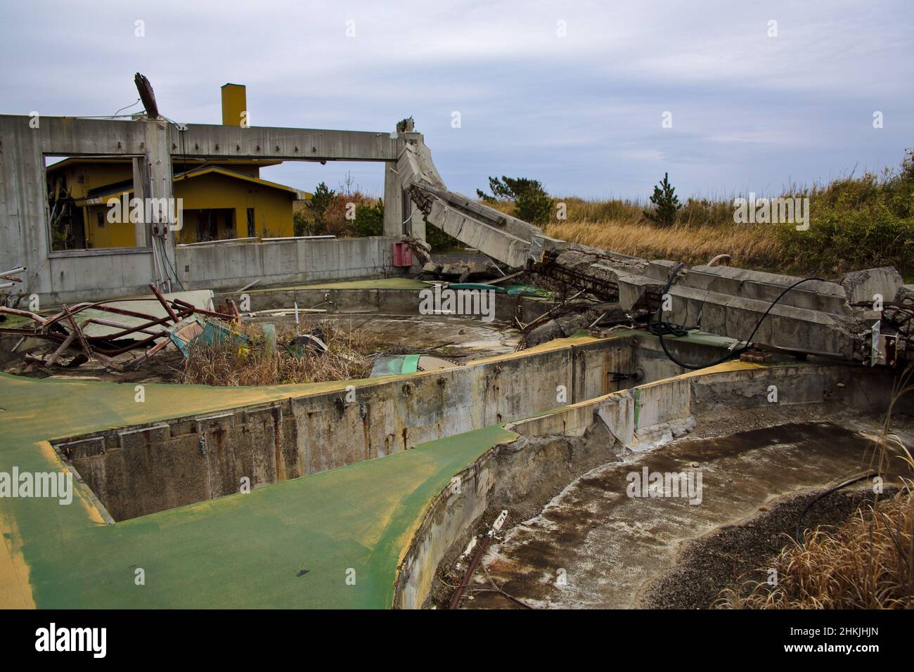 Destroyed fish farm, Fukushima, Japan Stock Photo