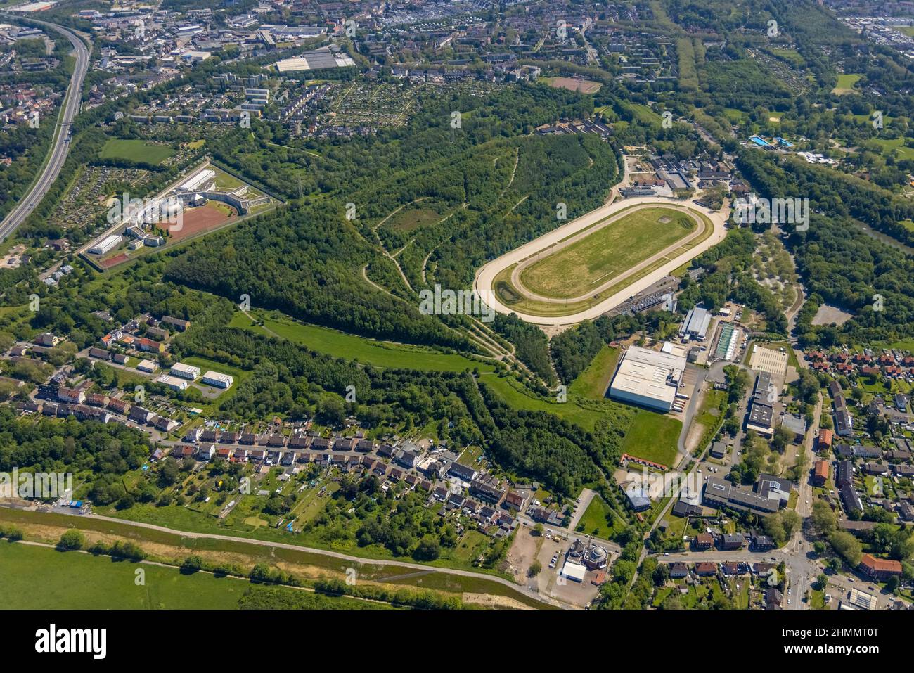 Aerial photograph, Trabrennbahn Feldmark, Feldmark, Gelsenkirchen, Ruhr Area, North Rhine-Westphalia, Germany, DE, Europe, birds-eyes view, aerial pho Stock Photo