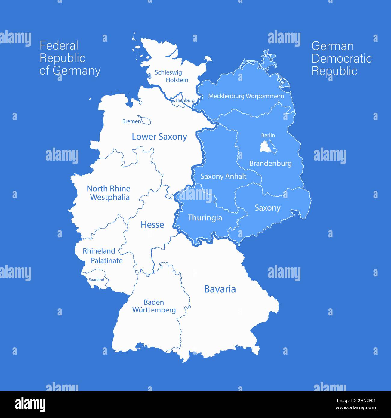 Germany map divided on West and East map, administrative divisions whit names regions, blue background vector Stock Vector