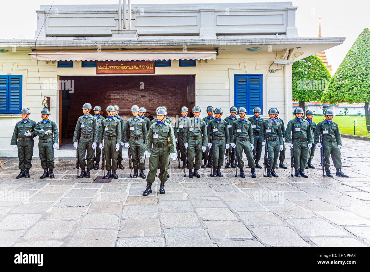 Parade of the kings Guards, in the Grand Palace, Guards are controlling the entrance of the main gate of the Grand Palace  in Bangkok, Thailand Stock Photo