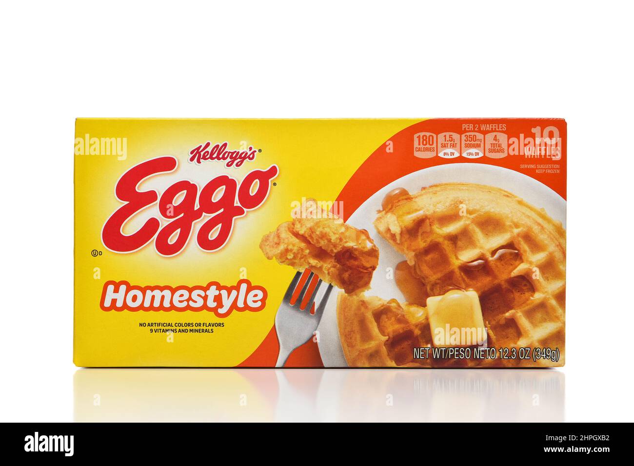 IRVINE, CALIFORNIA - 14 FEB 2022: A box of Kellogg Homestyle frozen wafles. Stock Photo