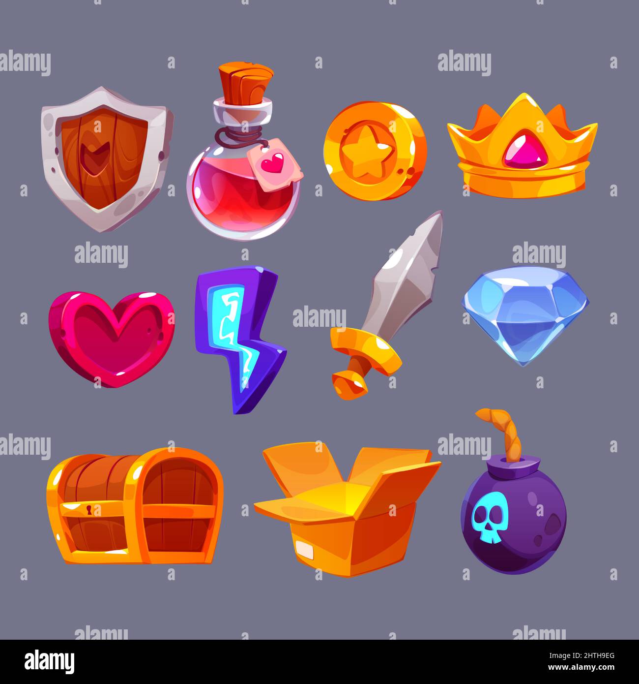 Cartoon game icons knight shield, witch potion, golden coin and king crown, red heart, glowing flash, sword and diamond. Chest, open carton box and bomb with fuse and skull isolated ui vector elements Stock Vector