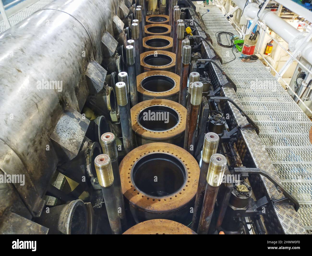 ships engine room,marine engine,main engine maintenance,ships engine repair,wartsila engines,engine overhaul on main engine room in ship,cruise ship Stock Photo