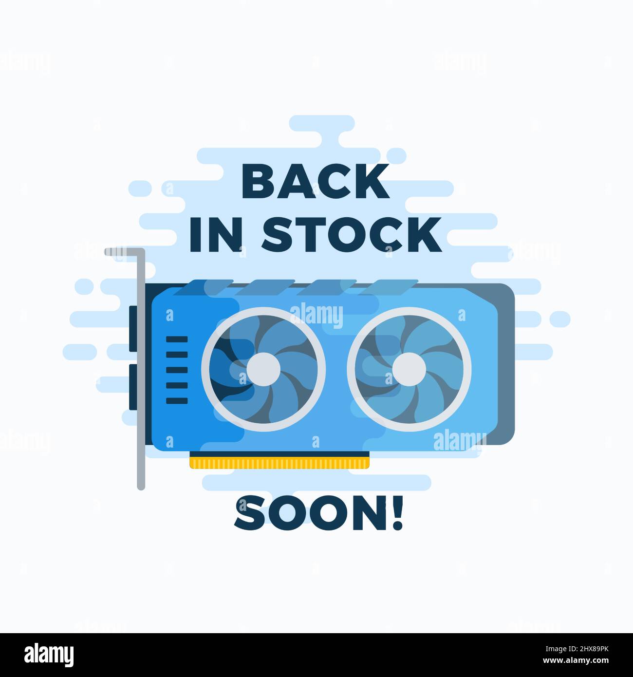 GPU back in stock announcement label. Flat style computer video graphic card device advertising illustration. Hardware component shortage notice label Stock Vector