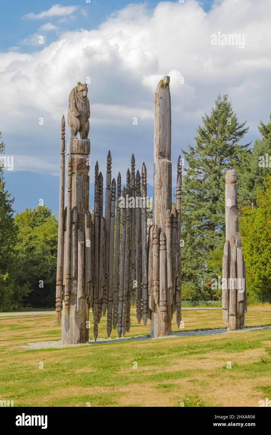 The totems of Vancouver, the view from Burnaby Mountain Park. Japanese Ainu totem poles. Travel photo, selective focus, nobody Stock Photo