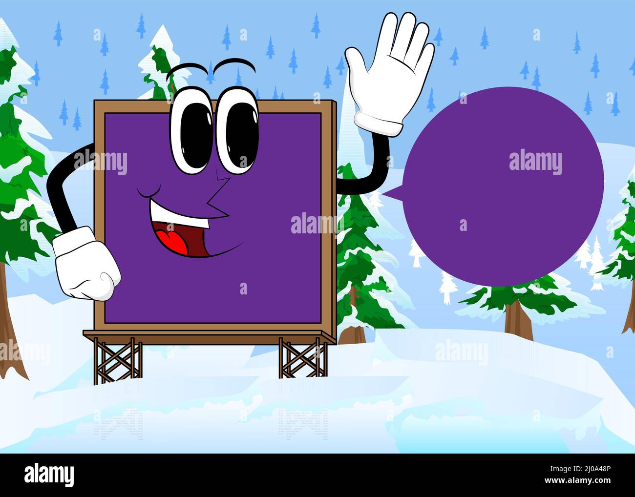 Billboard with waving hand. Cute cartoon advertisement sign, banner character. Stock Vector