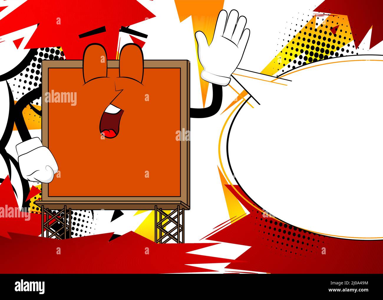 Billboard with waving hand. Cute cartoon advertisement sign, banner character. Stock Vector