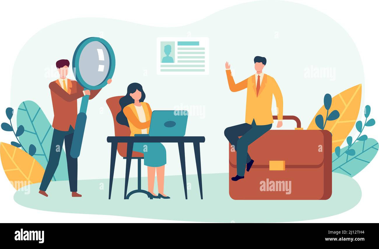 Job interview. HR specialist checking candidate with magnifying glass. Hiring new employee. Worker sitting on briefcase Stock Vector