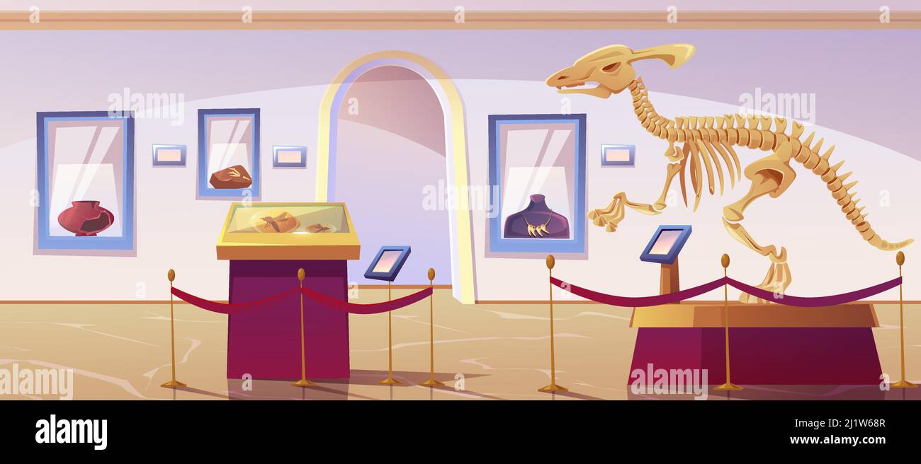 Historical museum interior with dinosaur skeleton and archeological exhibits. Vector cartoon illustration of exhibition of paleontology and archeology Stock Vector