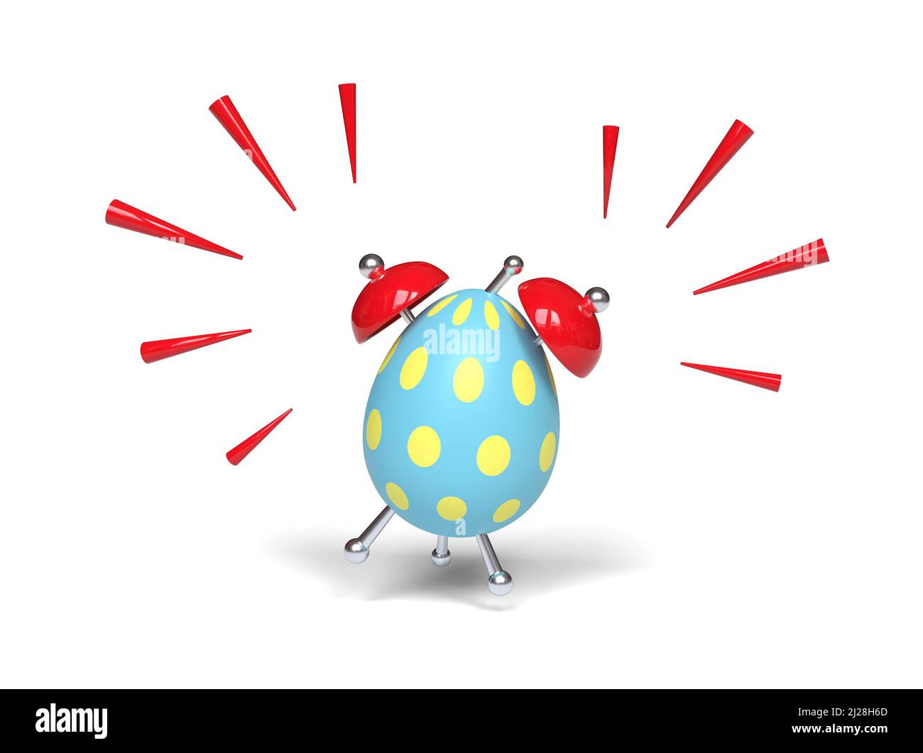 Cute Easter egg shape alarm clock ringing. 3D illustration. Stock Photo