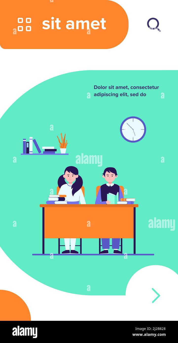 School students in classroom. Teen children sitting at desk and reading books flat vector illustration. Back to school, class, knowledge concept for b Stock Vector