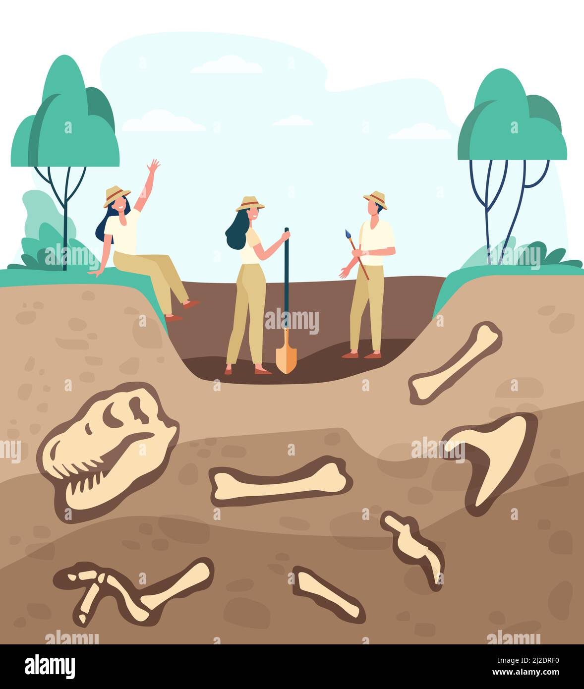 Group of archeologists discovering fossils, digging ground with dinosaur bones. Vector illustration for archeology, paleontology, science, expedition Stock Vector