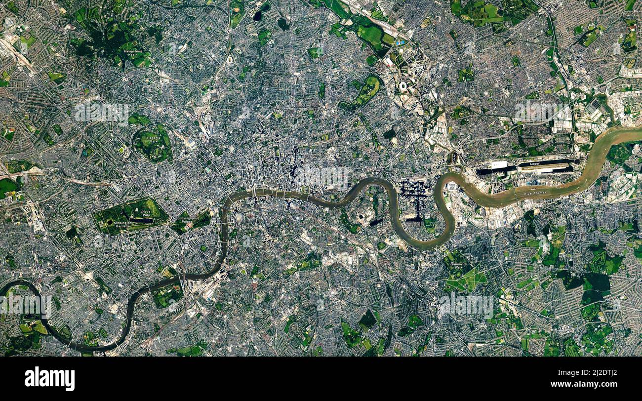 Top view of London, the Capital city, London map, Aerial view of Hyde Park, Buckingham Palace, River Thames. Elements of this image furnished by NASA Stock Photo