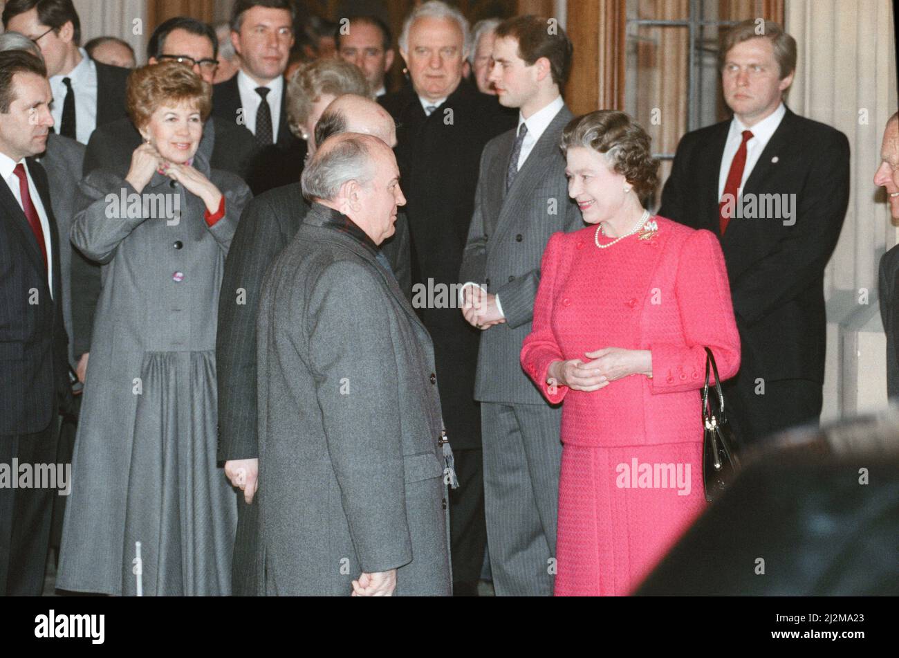 Mikhail Gorbachev, General Secretary of the Central Committee of the Communist Party of the Soviet Union, visiting the Queen at Windsor Castle. 7th April 1989. Stock Photo