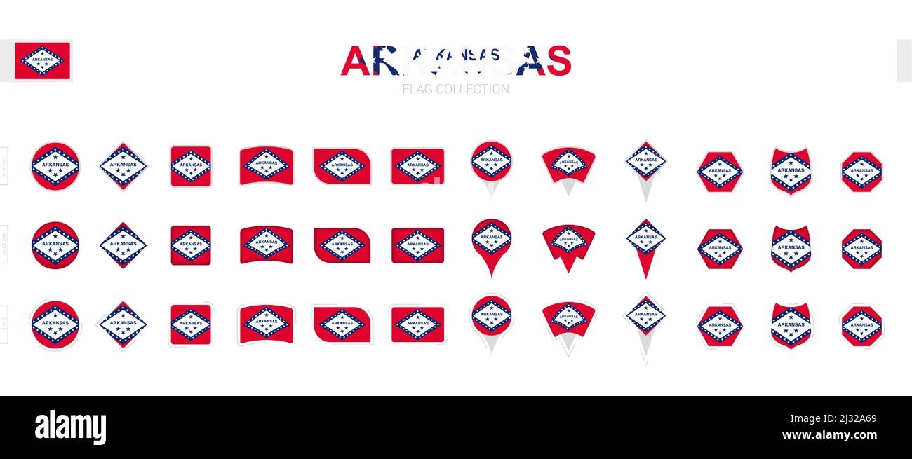 Large collection of Arkansas flags of various shapes and effects. Big set of vector flag. Stock Vector