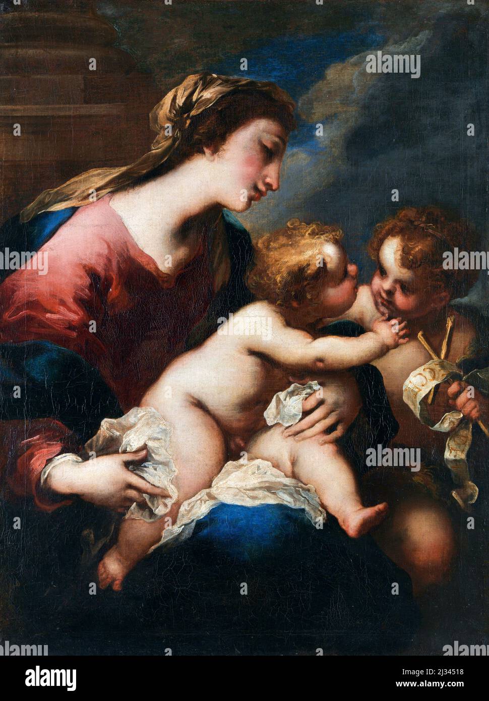 The Virgin and Child with Saint John the Baptist by the Italian Baroque artist, Valerio Castello (1624-1659), oil on canvas, 1650 Stock Photo