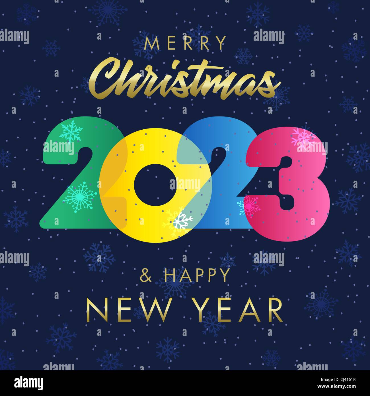 Beautiful greeting card Merry Christmas and A Happy New Year 2023. Snowy night bg. Coloured congrats. Isolated abstract graphic design template. Decor Stock Vector