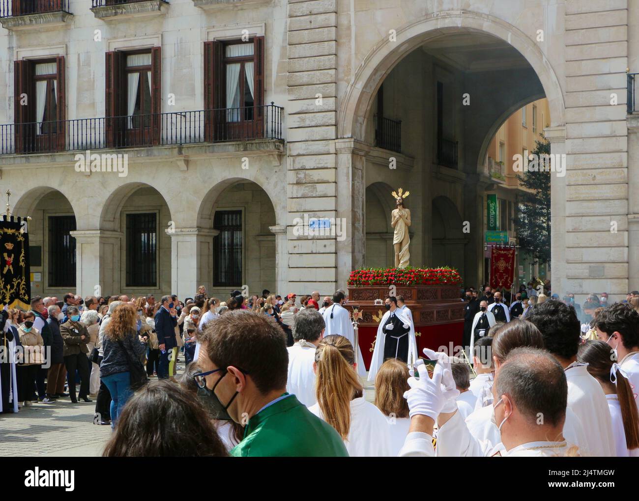 Carved wooden figure of Jesus Christ on a wheeled float in the Plaza Porticada Santander Spain Easter Sunday April 2022 Stock Photo