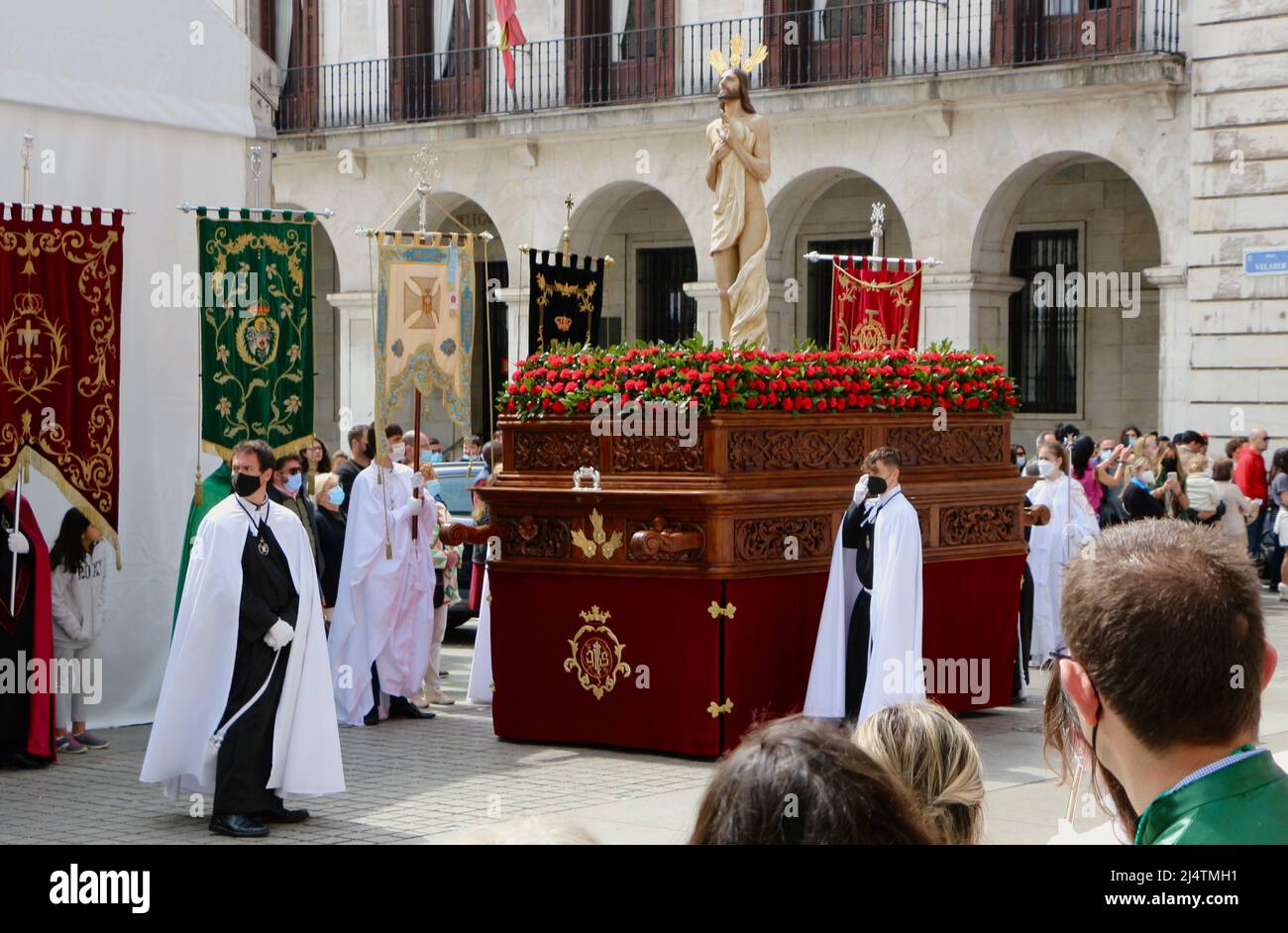 Carved wooden figure of Jesus Christ on a wheeled float in the Plaza Porticada Santander Spain Easter Sunday April 2022 Stock Photo