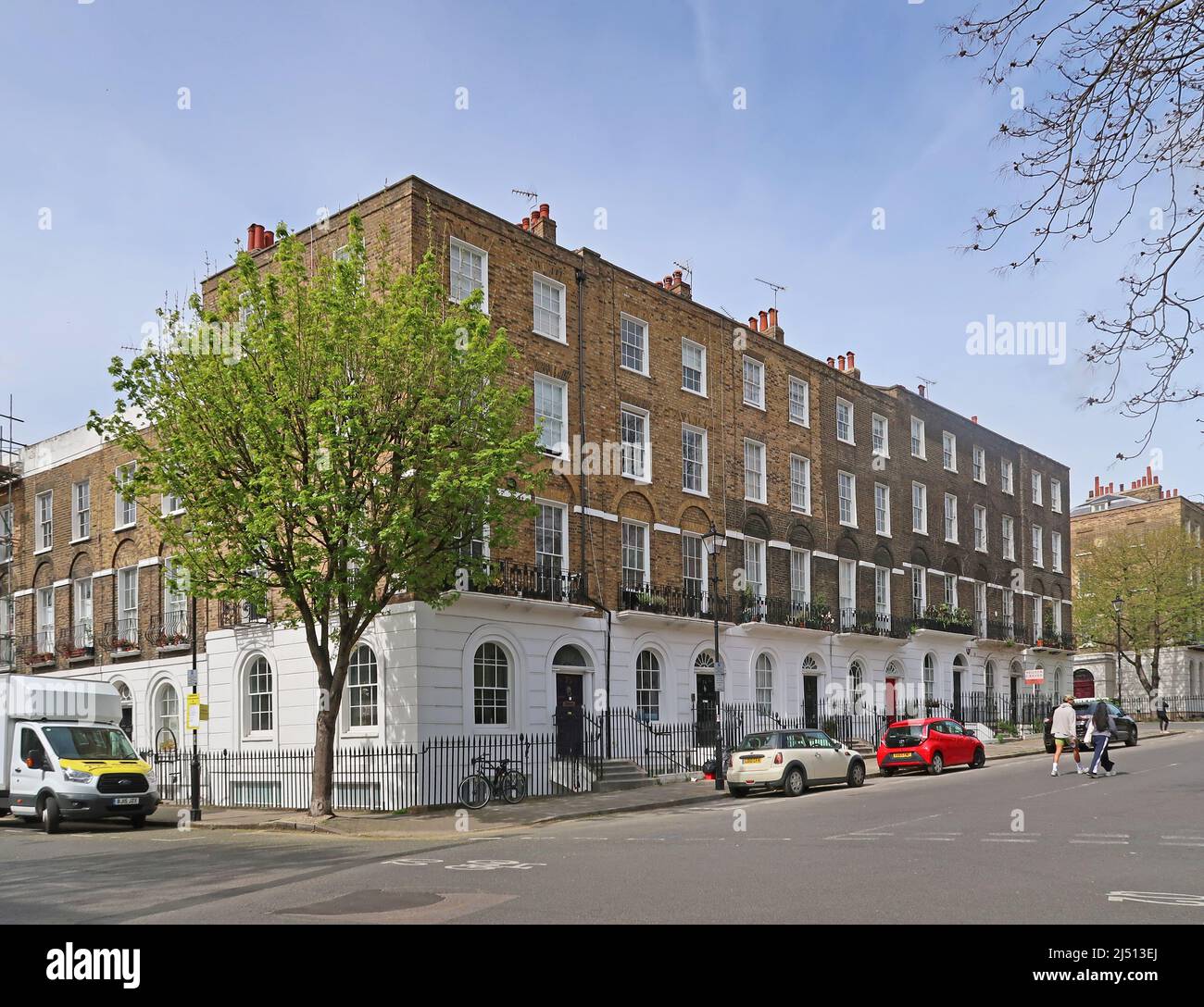 Georgian terraced houses on the west side of Myddelton Square, Islington. One of London's largest and most elegant garden squares. Grade II listed Stock Photo