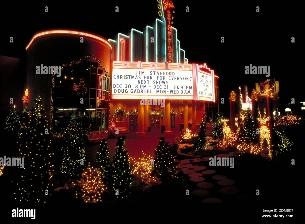 Branson, Missouri USA December 4, 1993: Jim Stafford Theatre in Branson, Missouri is decked out with Christmas lights and decorations. Stock Photo