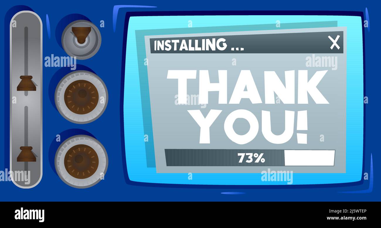 Cartoon Computer With the words Thank You! Message of a screen displaying an installation window. Stock Vector