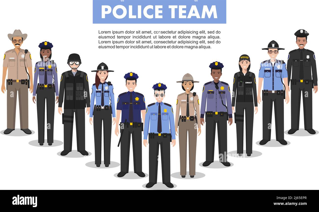 Police team. Detailed illustration of police people in flat style on white background. Stock Vector