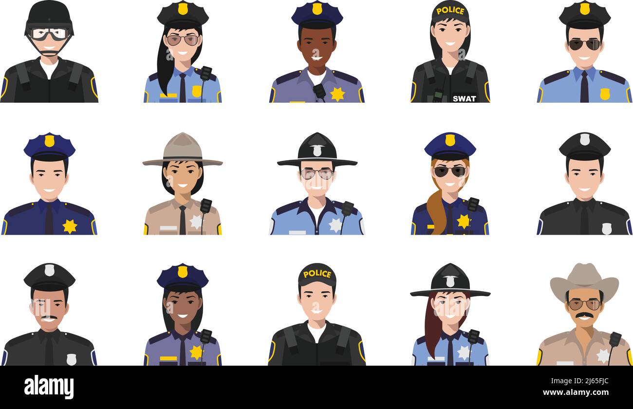 Set of colorful police flat style icons: sheriff, SWAT officer, policeman and policewoman. Vector illustration. Stock Vector