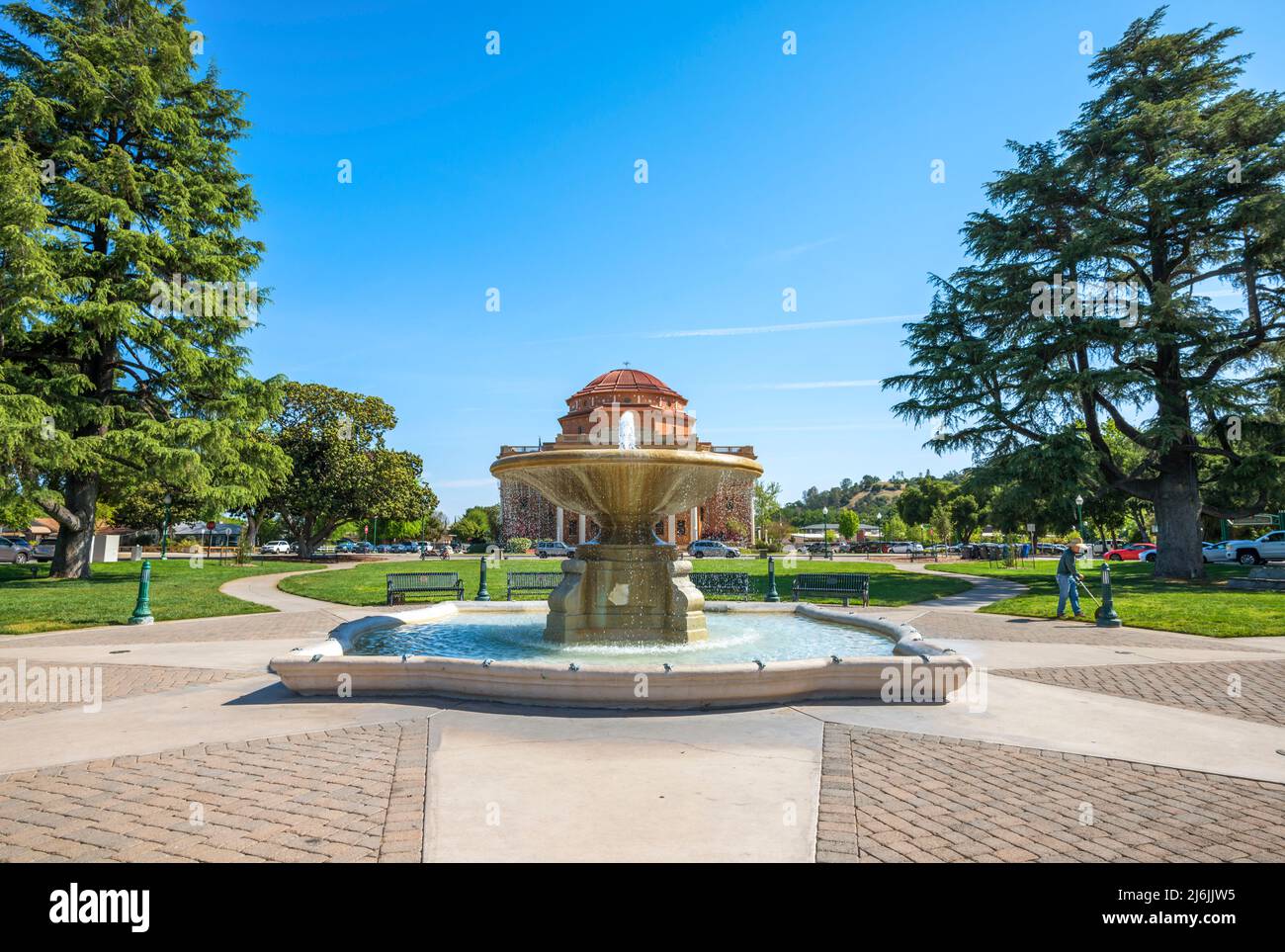 Atascadero Administration Building in the background. Atascadero, California. View is from Sunken Gardens. Stock Photo