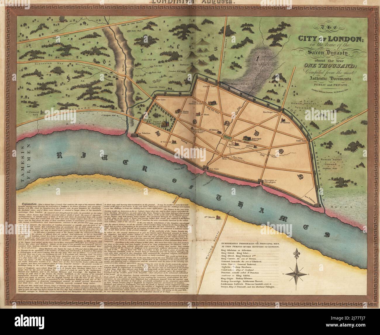 Map of London in the Anglo-Saxon era, circa 1000 AD. Walled town with Palace of King Athelstan, churches, gates (Creple, New, Lud, Doe, Bischops, Eald, Billingsgate), surrounded by fields, wells, and Roman burial grounds on the River Thames. City of London in the time of the Saxon Dynasty about the year 1000. Compiled from the most authentic documents, public and private. Handcoloured copperplate engraving published by William Darton, 58 Holborn Hill, London. circa 1810. Stock Photo