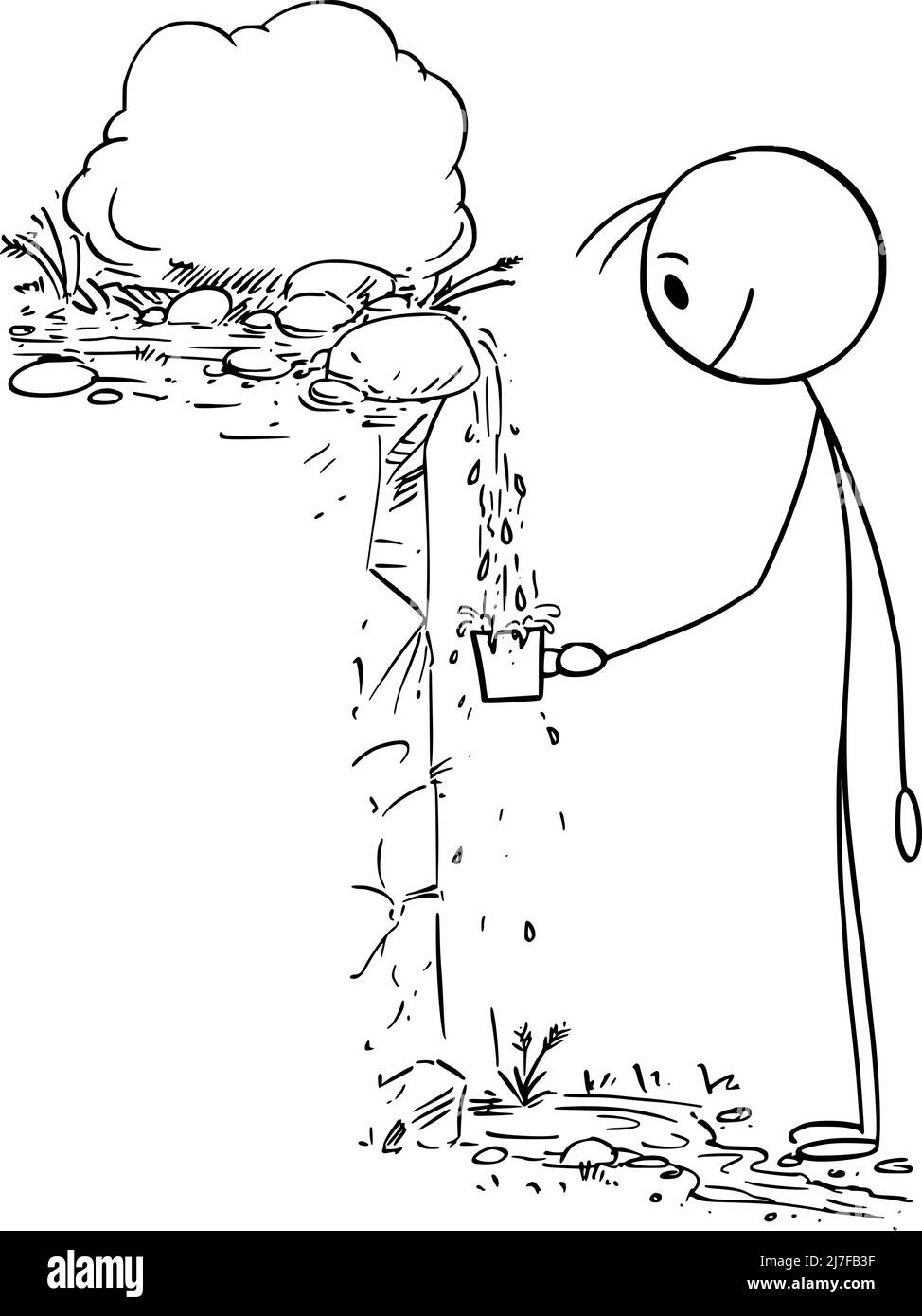 Person Drinking Water in Nature From Spring or Fountain, Vector Cartoon ...