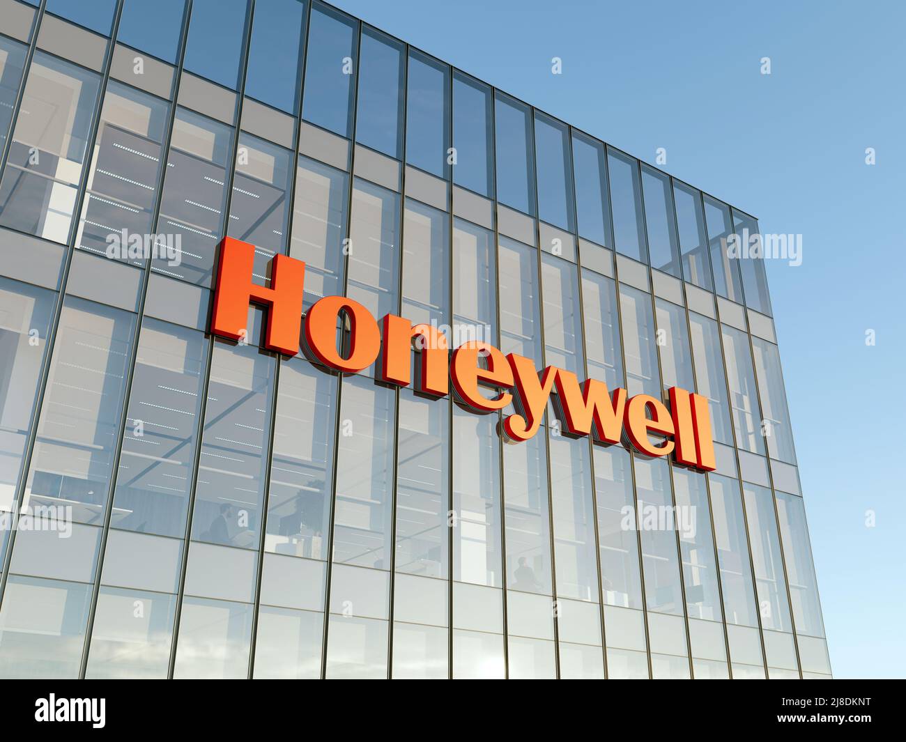 Charlotte, NC, USA. May 2, 2022. Editorial Use Only, 3D CGI. Honeywell Signage Logo on Top of Glass Building. Workplace Company Office Headquarters. Stock Photo