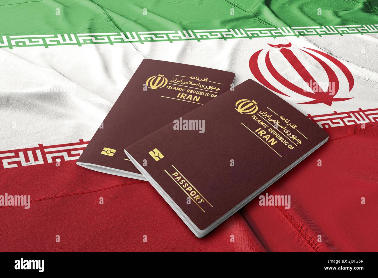 Iranian passport on its flag ,Iranian passports, also known as Persian passports, are issued to nationals of Iran Stock Photo