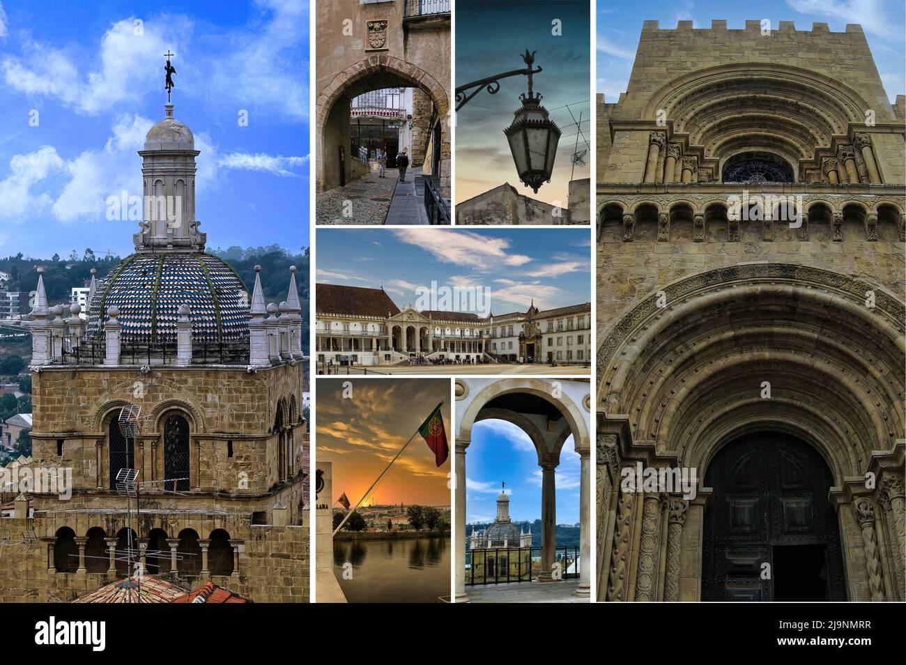 A collage of photos with the major monuments of the beautiful city of Coimbra in Portugal, home to an important international university Stock Photo