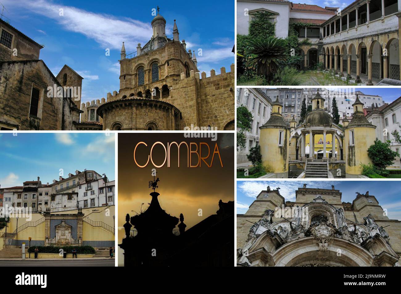 A collage of photos with the major monuments of the beautiful city of Coimbra in Portugal, home to an important international university Stock Photo