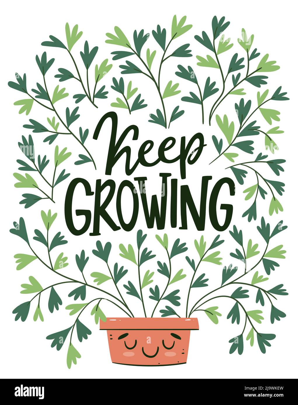 Huge plant in cartoon style with 'Keep Growing' lettering inside. Smiley pot. Hand-drawn vector illustration. Stock Vector