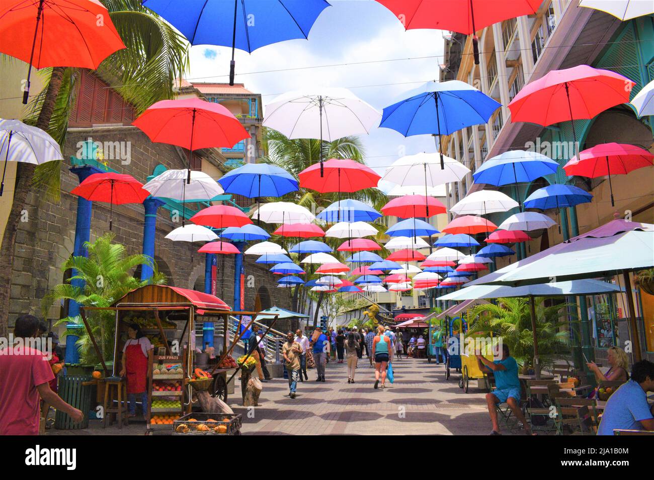 Umbrella Street at Le Caudan Waterfront, Port Louis, Mauritius Stock Photo