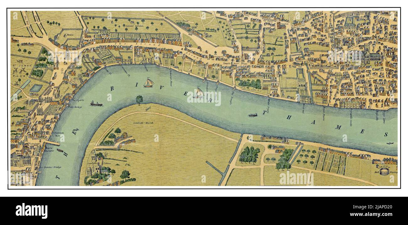 A lithographic map of London and the River Thames from 'Society in the Elizabethan age' by Hubert Hall. Published in London by : Sonnenschein in 1886 Stock Photo