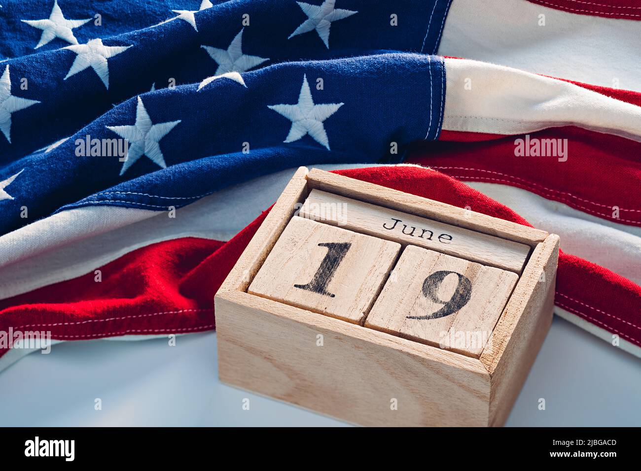 Calendar with Juneteenth National Independence Day June, 19 date with US flag Stock Photo