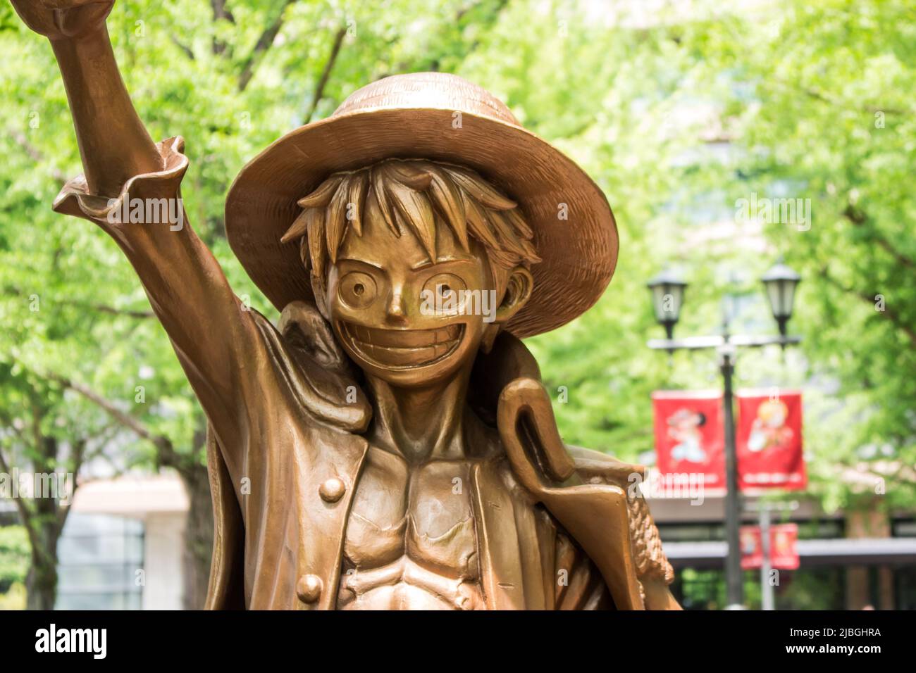 Monkey D. Luffy statue in front of Kumamoto prefectural government office. He is the character from famous JP comic 'One Piece' by Eiichiro Oda Stock Photo