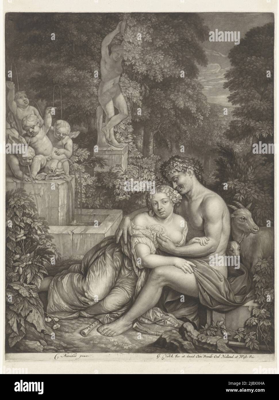 Vertumnus, the Italian god and protector of gardens and orchards, and Pomona sit in intimate pose by a fountain in a garden. Behind them stand two goats, Vertumnus and Pomona, print maker: Jan Verkolje (I), print maker: Gerard Valck, (mentioned on object), after: Caspar Netscher, Amsterdam, 1681 - 1726, paper, h 385 mm × w 298 mm Stock Photo