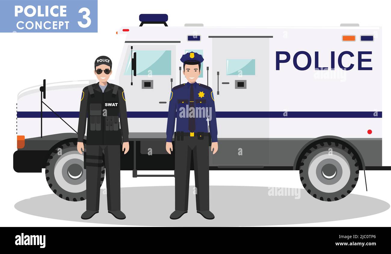 Detailed illustration of police car, SWAT officer and policeman in flat style on white background. Stock Vector