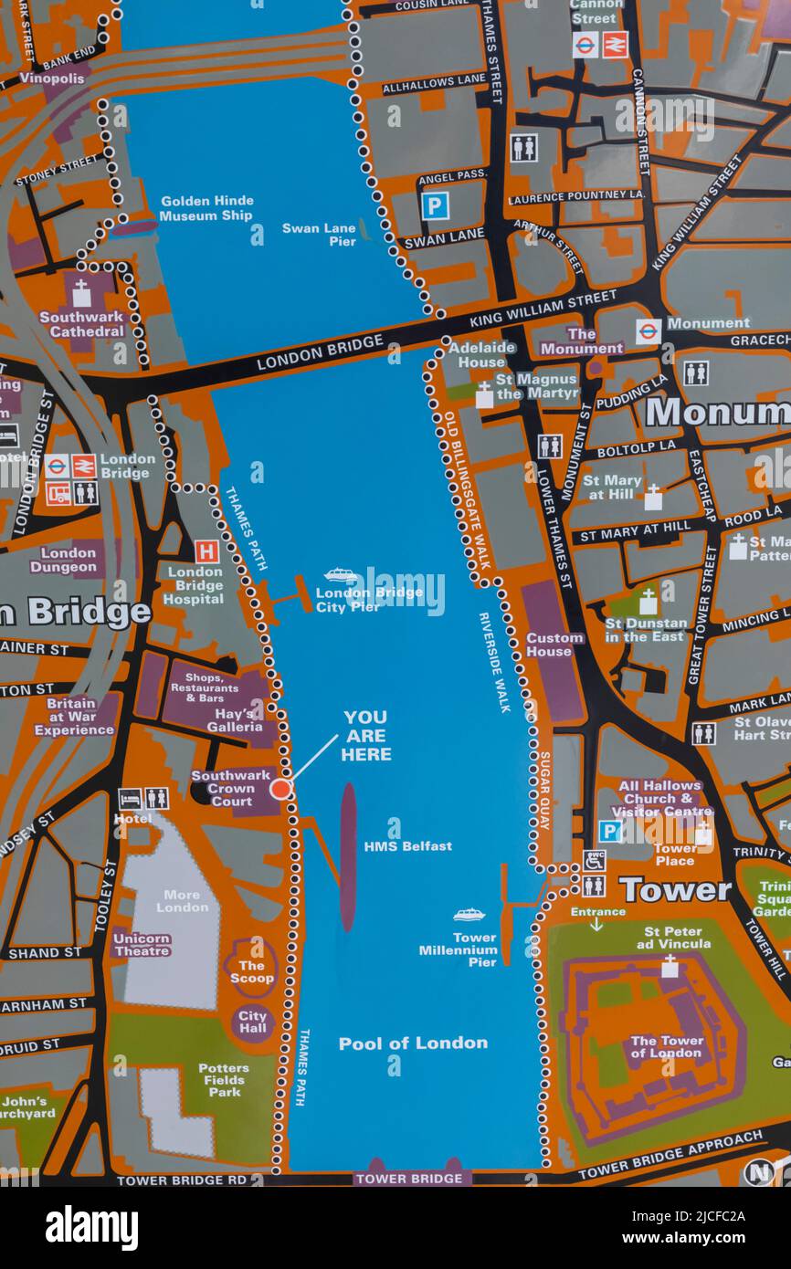 England, London, Street Map of the Thames Area between London Bridge and Tower Bridge Stock Photo