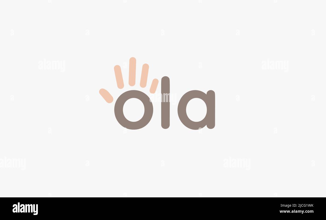 Ola letters with hand logo template, palm vector logo concept for friendly business identity, poster, banner. Vector illustration Stock Vector