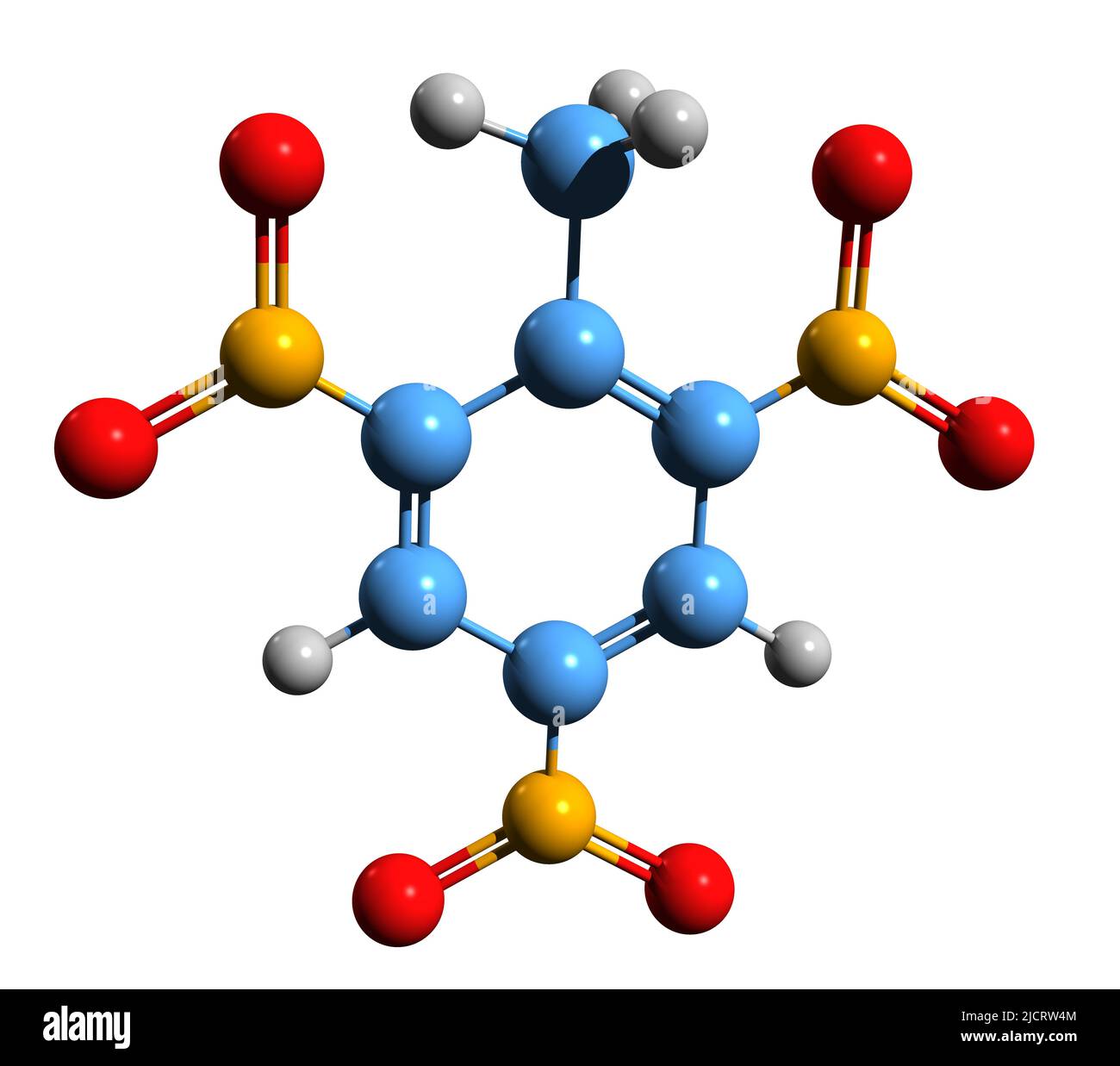 3D image of trinitrotoluene skeletal formula - molecular chemical structure of trinitrotoluol or TNT isolated on white background, Stock Photo