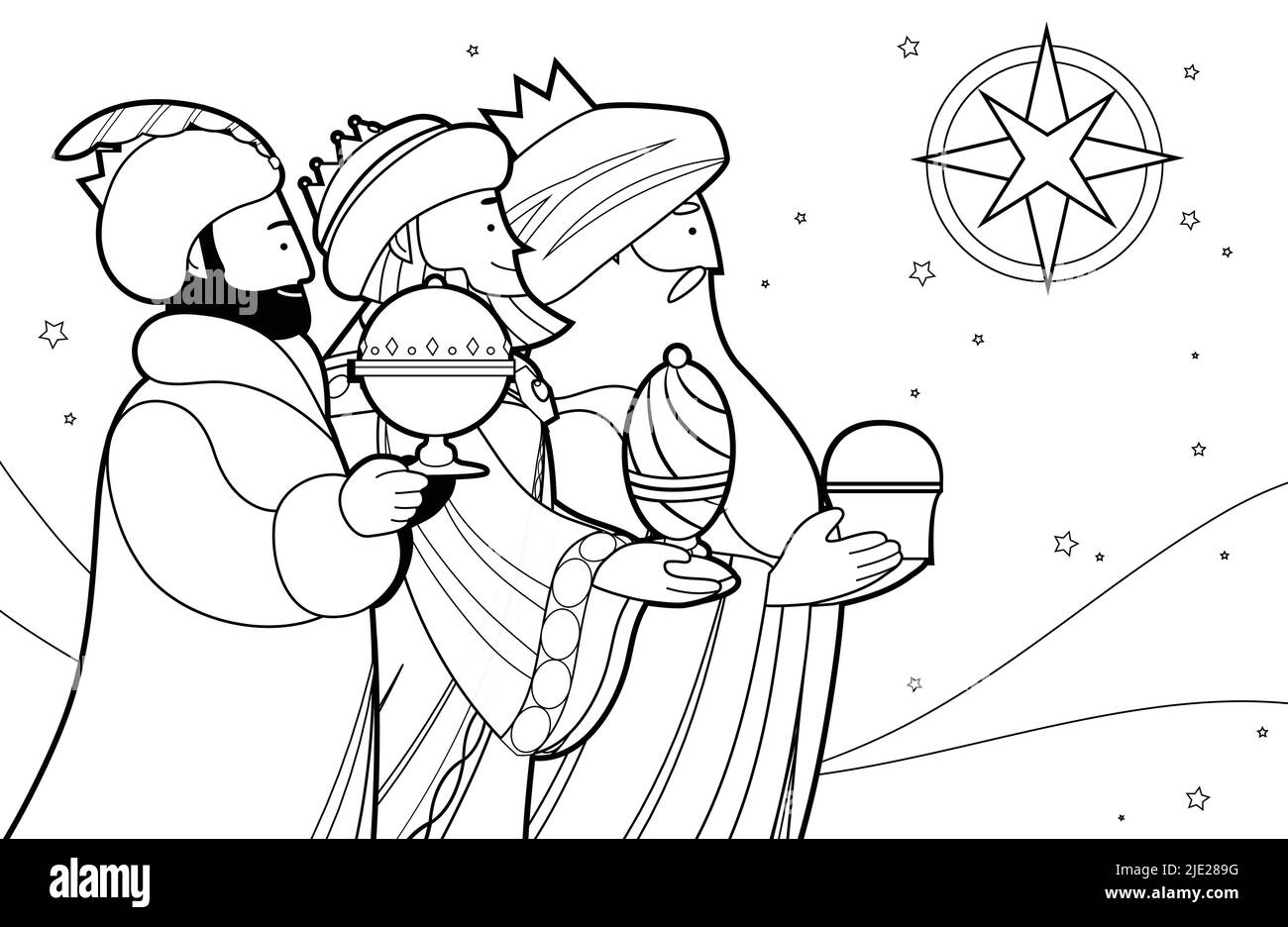 Three wise men outline vector coloring book page for children. Line art, line drawn cartoon magi with gifts. Celebration of nativity or epiphany. Stock Vector