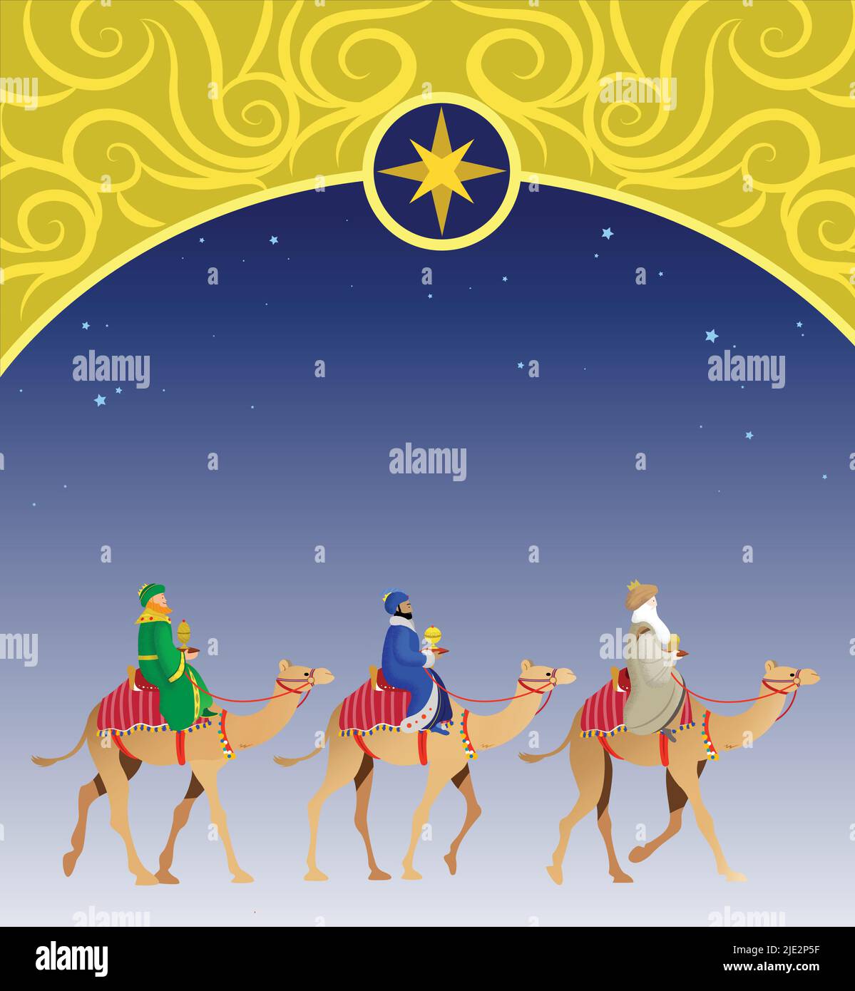 Epiphany celebration flat vector illustration. The Three Wise Men or Three Kings or biblical Magi riding camels. Melchior, Caspar and Balthazar. Stock Vector